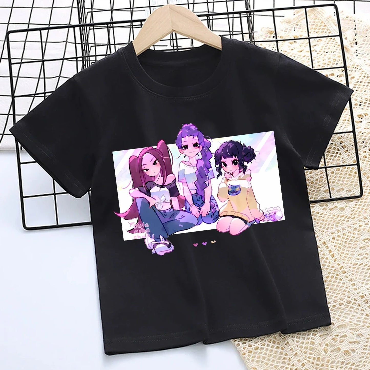 Camiseta de K-Pop Demon Hunters para niños, camiseta negra de dibujos animados para niñas, cuello redondo, ropa de manga corta