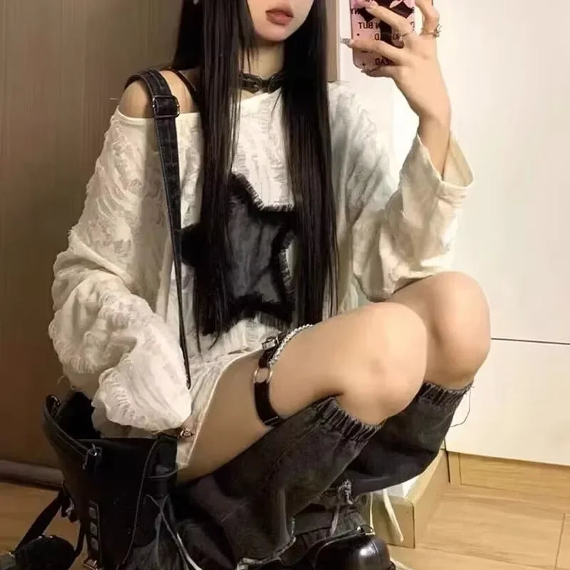 Liquidación_Harajuku Camisetas tops de moda estrella ahuecada manga larga coreana Kawaii Ropa Mujer Casual Y2k Camiseta ropa