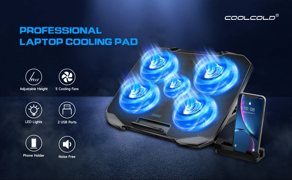 COOLCOLD Support de refroidissement pour ordinateur portable de 12 à 17 pouces, 5 ventilateurs silencieux, 5 angles réglables avec support pour téléphone