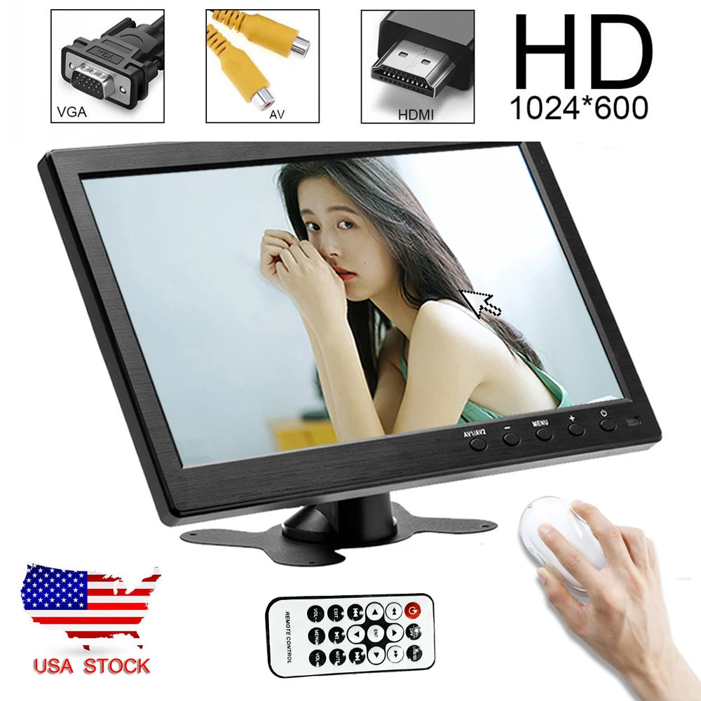 Podofo Monitor de coche LCD HD de 10.1" 1024*600, mini TV, monitor LCD de pantalla digital con HDMI/VGA/AV/USB/SD/TV/reproductor de DVD para vigilancia