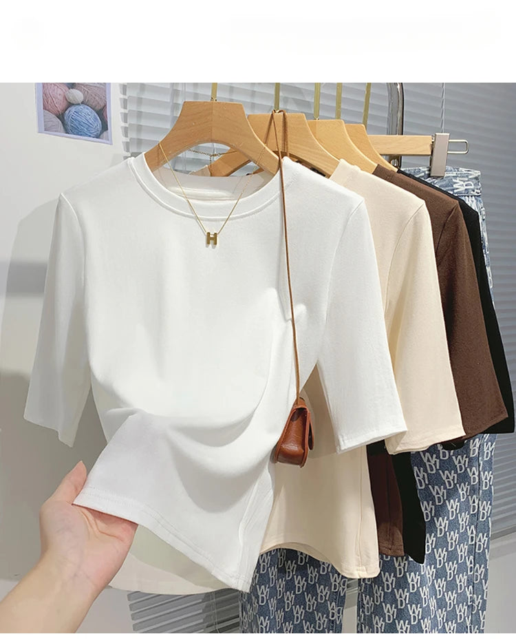 T-shirt femme 100% coton basique — col rond, tendance, uni, manches courtes, été 2026