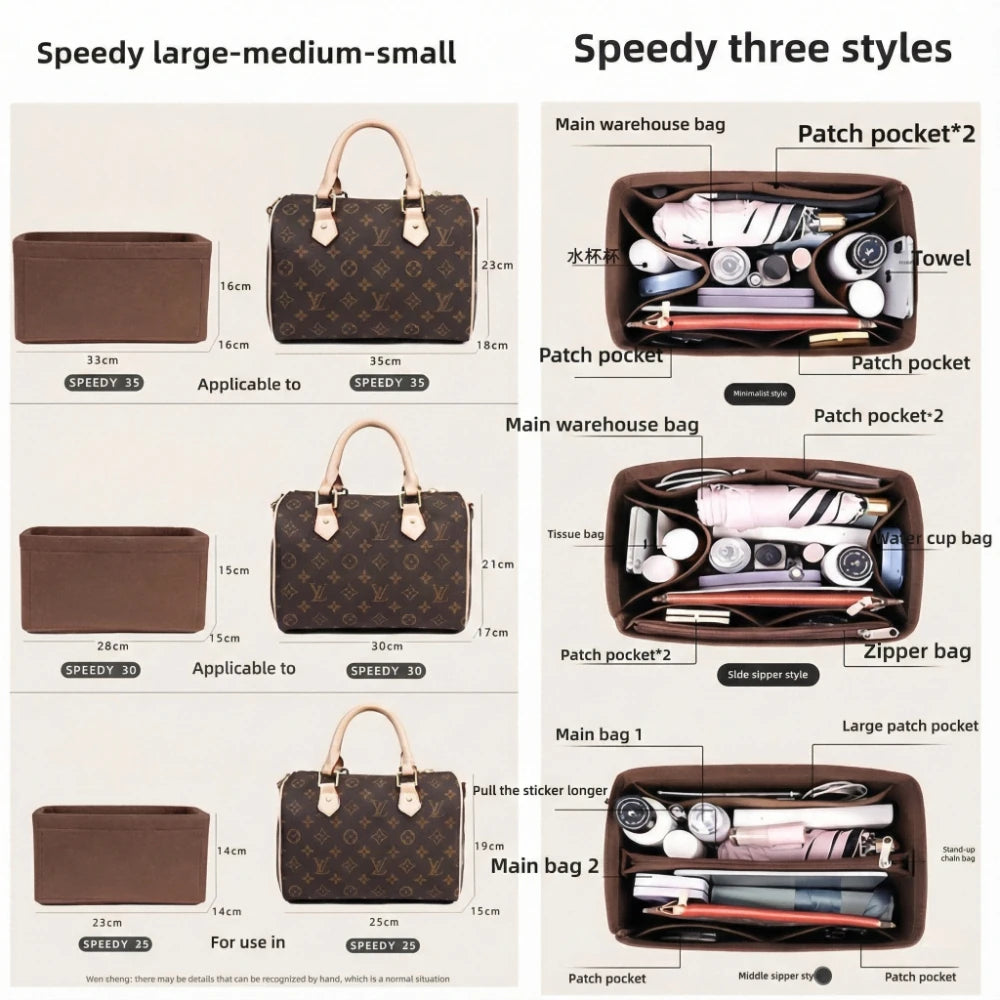 Felt Handbag Organizer, Insert Organizer for Luxury Speedy 25 30 35 Handbag, Makeup Bag, Shaping Liner, Travel Inner Pouch