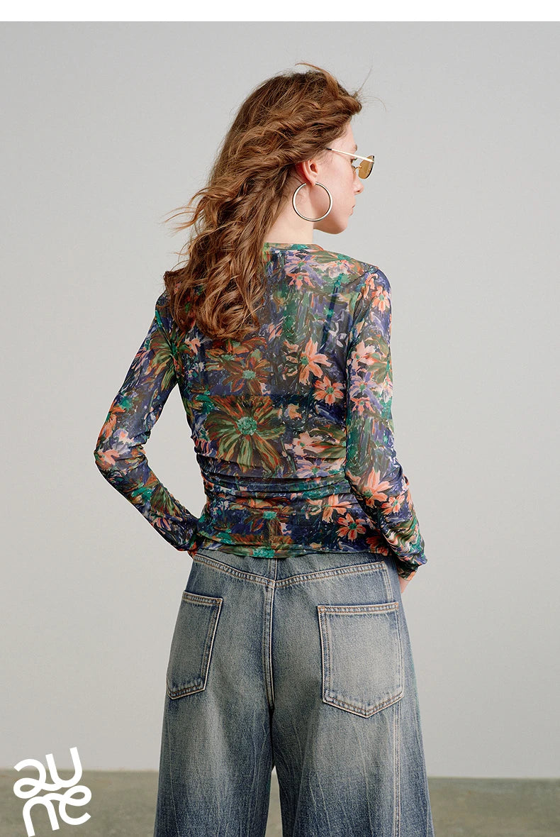 T-shirt femme en maille imprimé 2026 — printemps, taille découpée, Y2K, hauts courts
