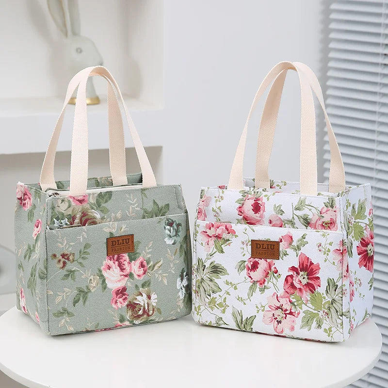 Sac à déjeuner esthétique imprimé Floral, sac à Bento isolé de grande capacité, sac à main isotherme pour l'école, le travail, les voyages et le pique-nique