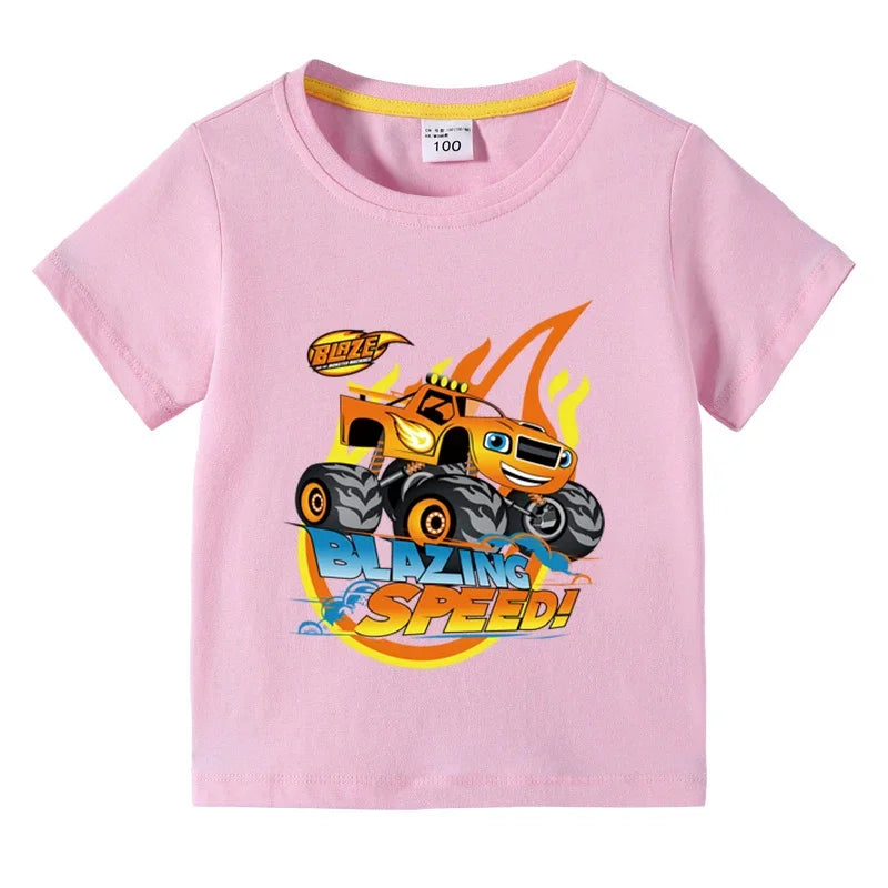 T-shirt à manches courtes en coton pour enfants — impression dessin animé camion monstre