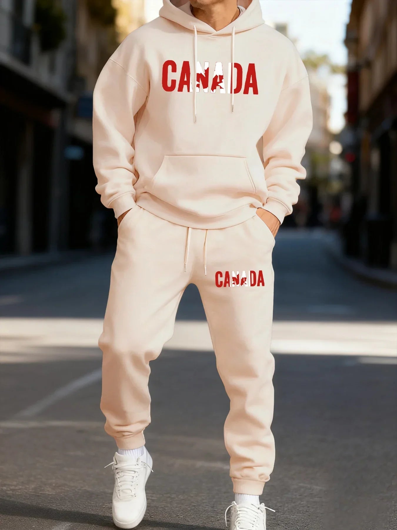 Canada Maple Leaf Print Men's Hoodie Fleece Autumn Two-Piece Sets Casual Winter Pants