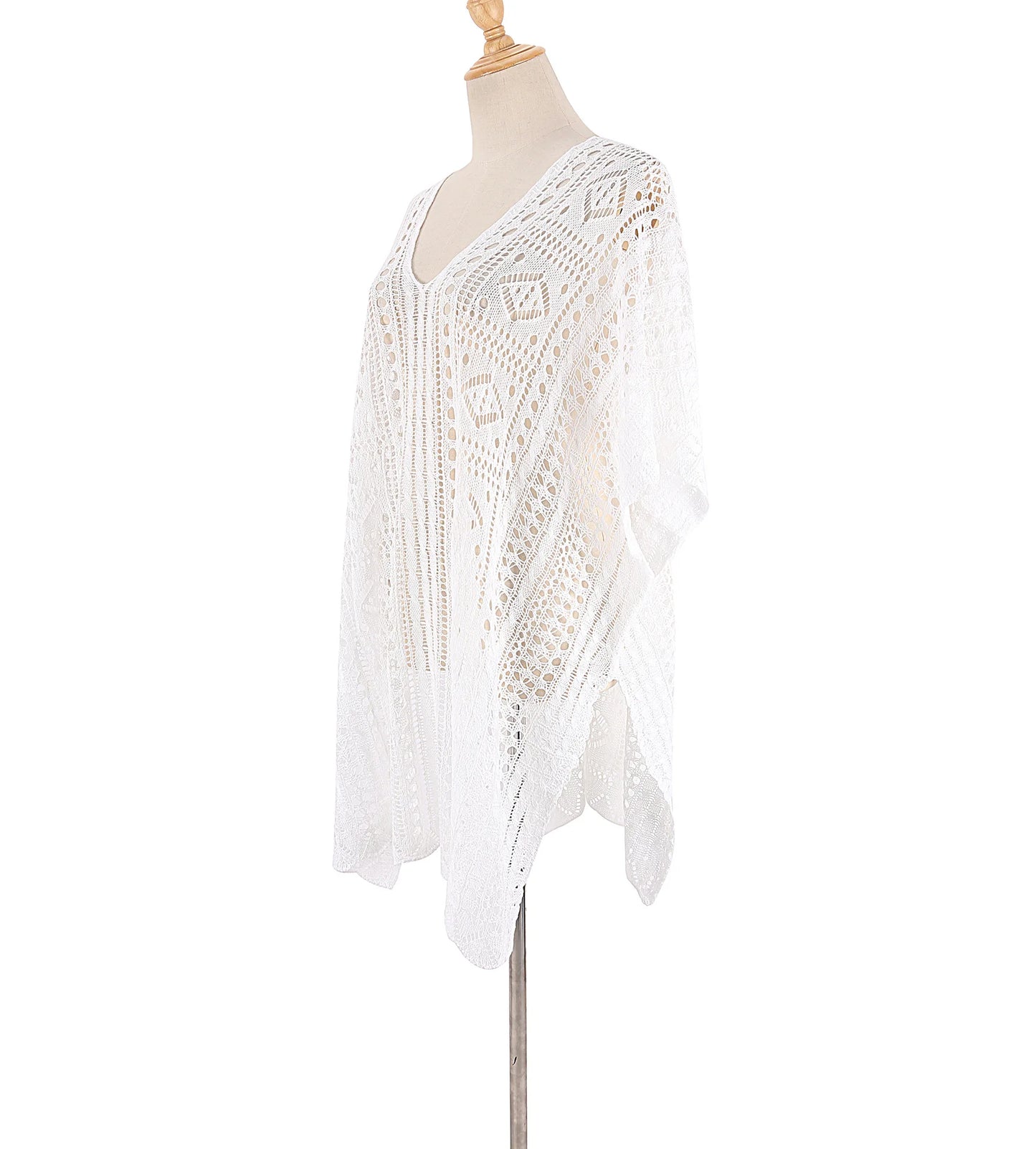 2025 Vestido de ganchillo blanco de punto para playa, túnica larga, pareos, cobertores de bikini, vestido de playa, ropa de playa