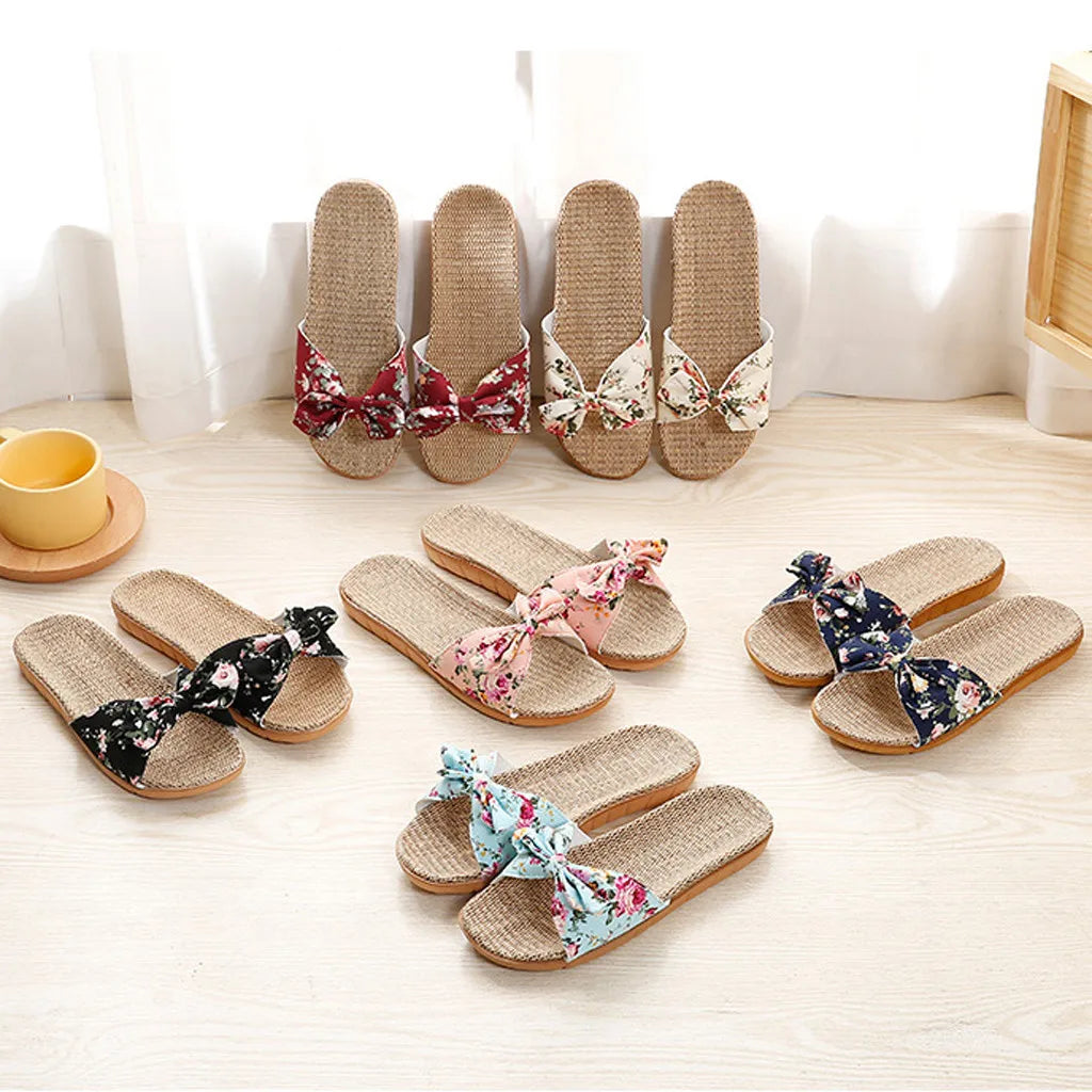 Women's Linen Flip-Flops with Bowknot, Beach Shoes, Slippers
