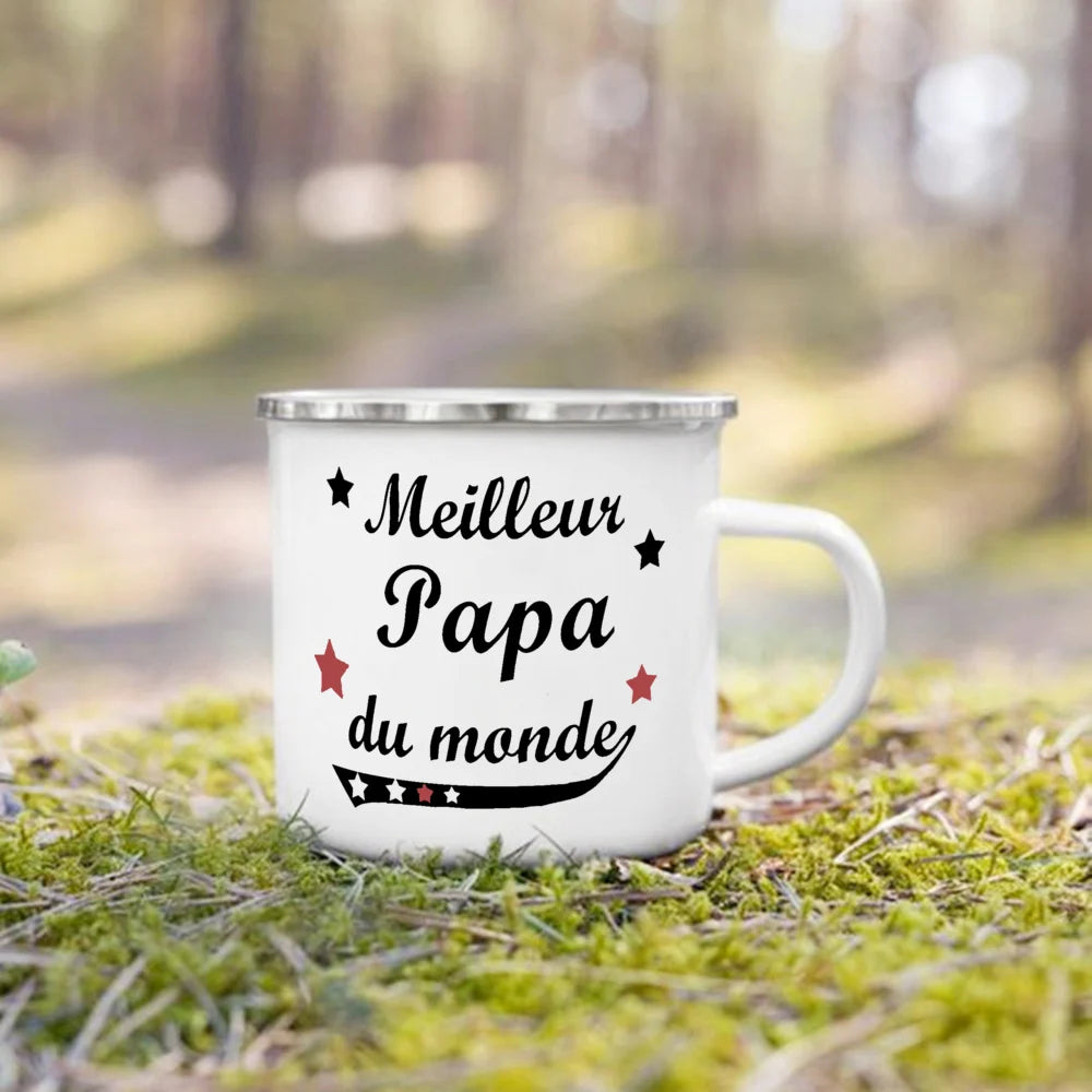 Meilleur papa et maman du monde tasse imprimée française boisson en plein air lait tasse à café Camping tasses en émail cadeau d'anniversaire festif pour papa maman