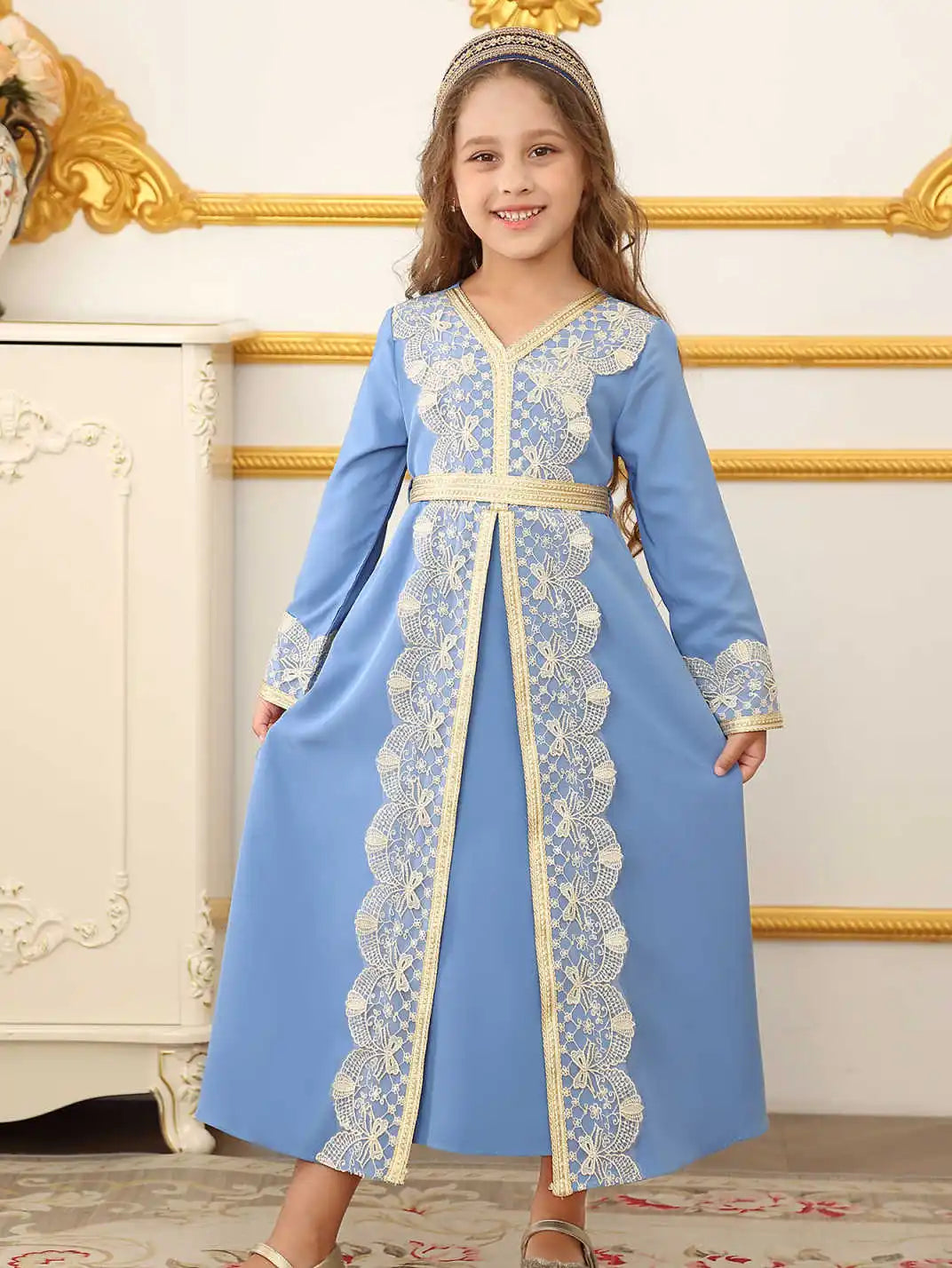 Moroccan Middle Eastern Ethnic Lace Dress for Muslim Girls from Dubai, Islamic Wedding Ramadan Festival Costume