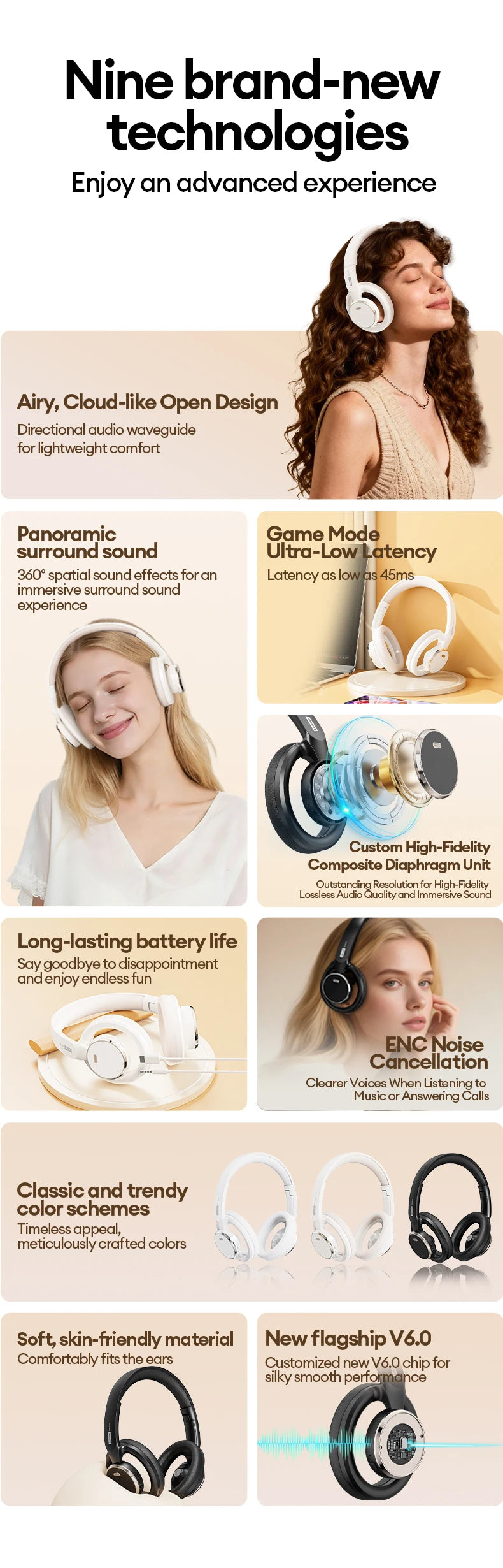 Auriculares gaming inalámbricos Bluetooth 6.0 Lenovo, auriculares plegables deportivos, auriculares supraaurales con micrófono HD, regalos LS116
