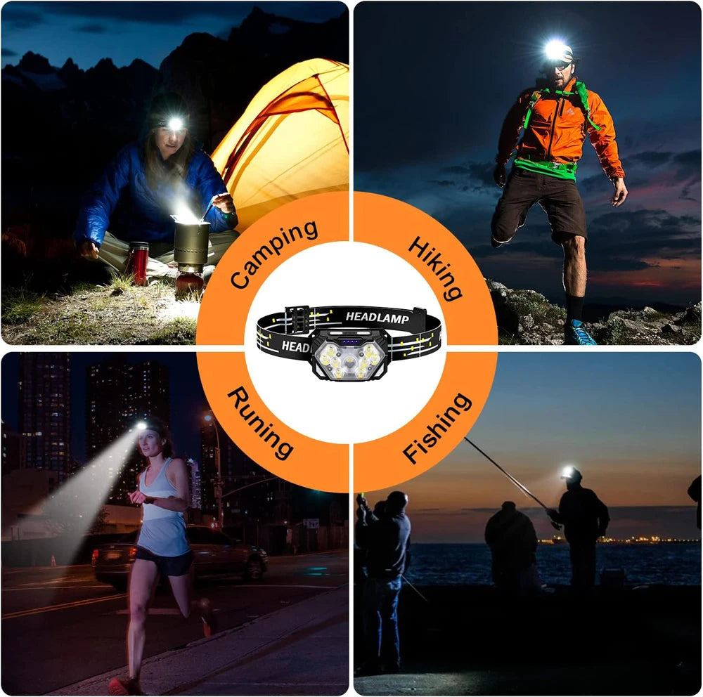 Lampe frontale à 9 LED haute luminosité, lampe frontale à détecteur de mouvement, lampe frontale portable pour la pêche et le camping en extérieur, lampe de travail