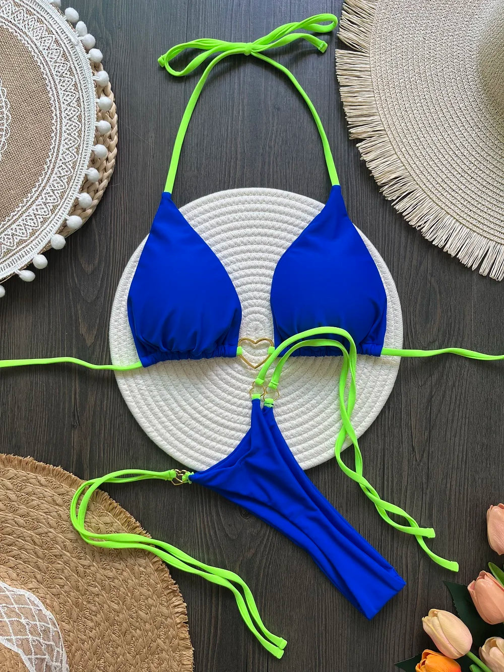 RUOTONSEPT-Maillot de bain deux pièces sexy pour femme, bikini brésilien, couleur unie, col licou, triangle, culotte tanga