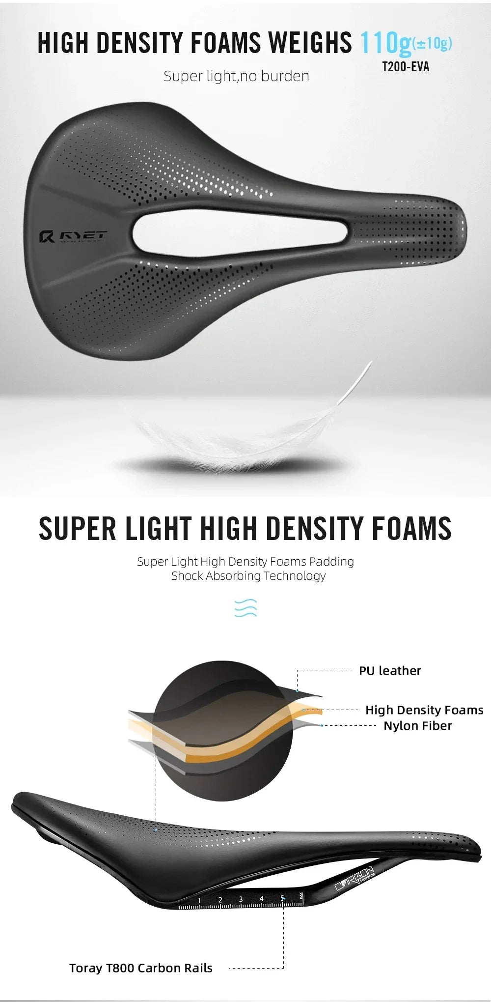 Selle vélo carbone 3D imprimée 140mm — rail rond, super légère, route, VTT, course