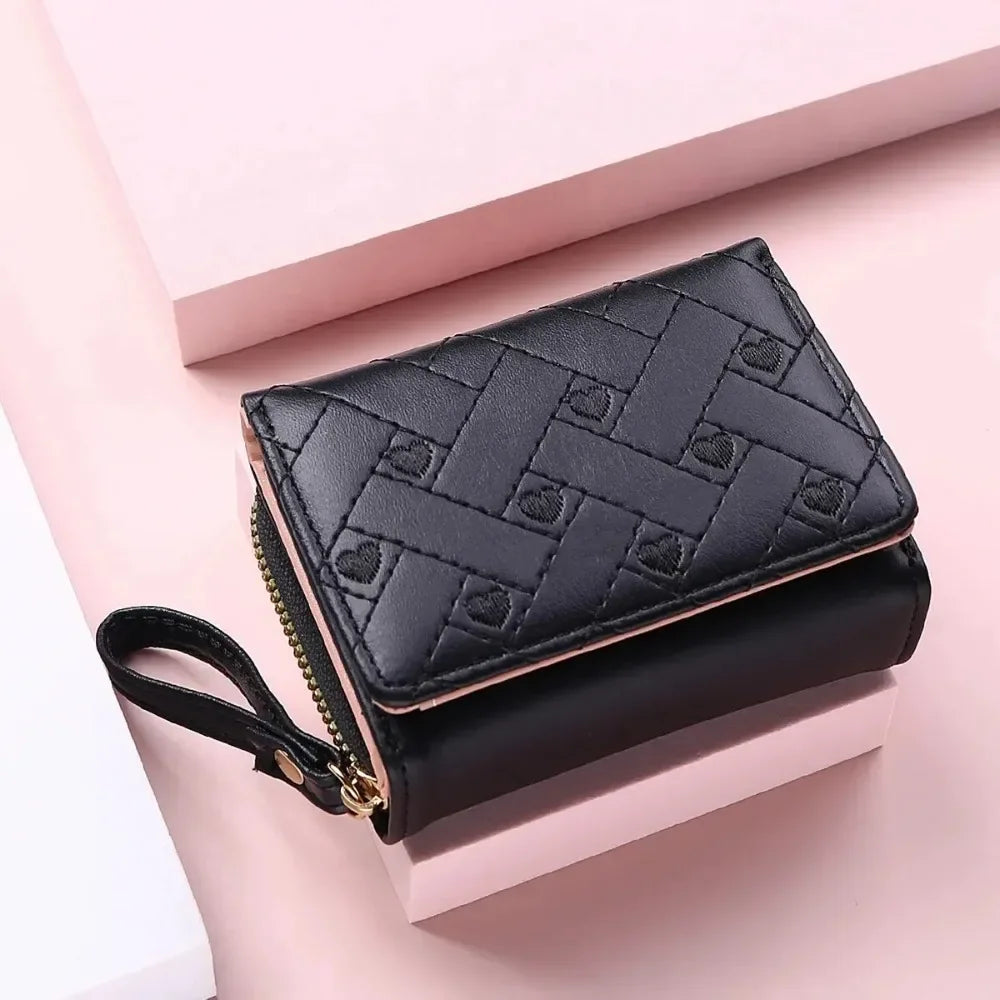 Billetera corta bordada Love Zero para mujer, con cremallera, bolso tarjetero de gran capacidad, versátil, moda sencilla