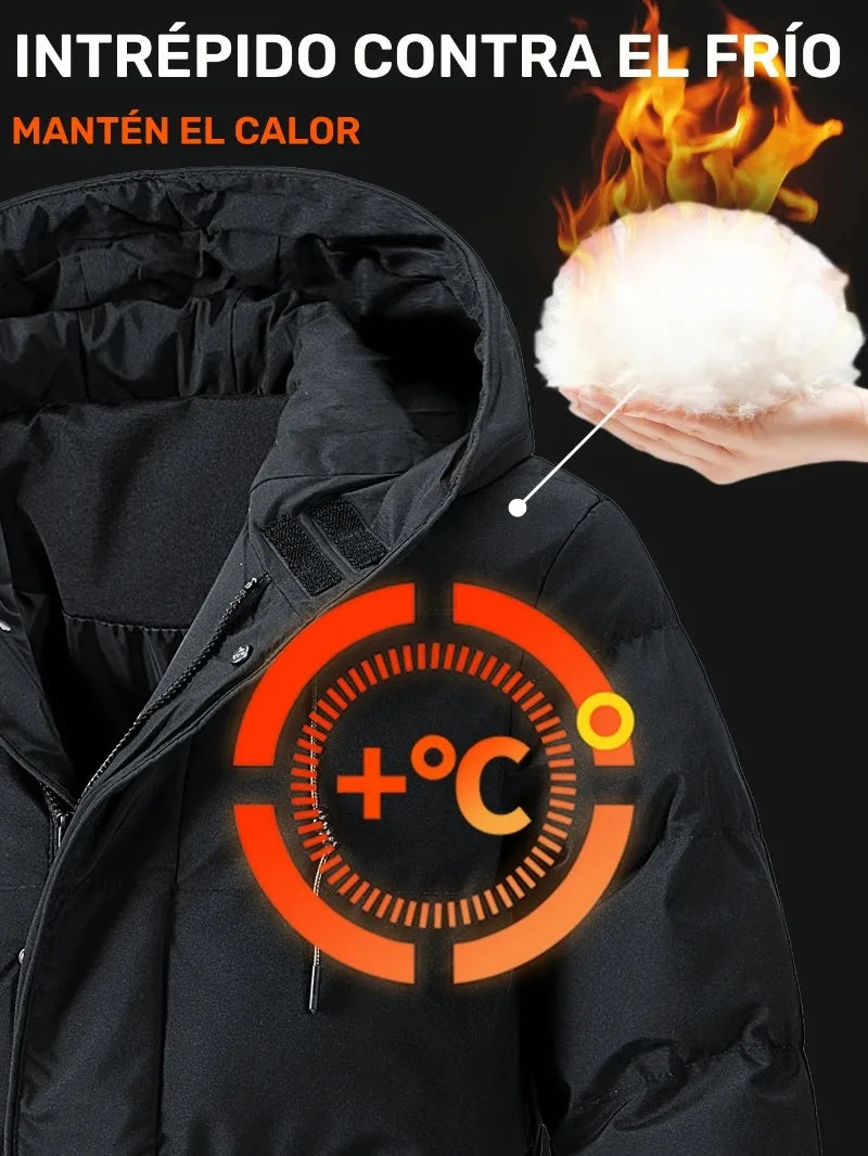 Men's Thick Winter Coat, Cold Weather Windproof Jacket with Full-Length Zipper, Long Hooded Formal, Large Front Pockets