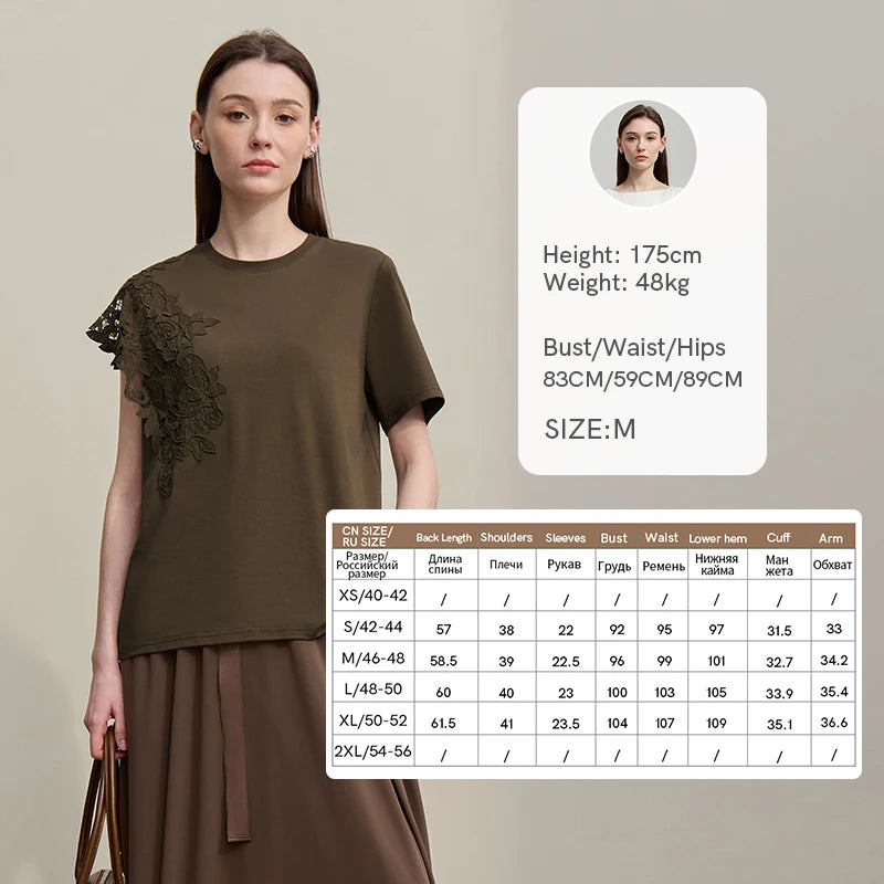 T-shirt femme 2026 été — col rond, coton, anti-transpiration, dentelle asymétrique, ample, manches courtes
