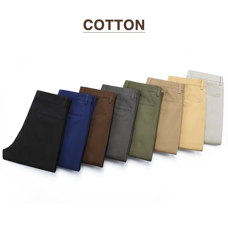 Pantalones casuales para hombre, 97% algodón, moda de otoño, cómodos, elásticos, ajustados, rectos, de negocios, negro, verde militar, caqui