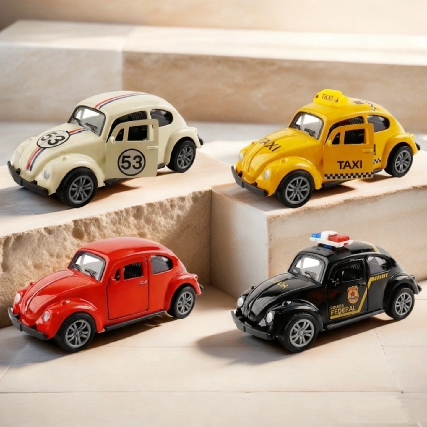 Alloy car model, retro beetle-shaped small car, that can open the door and police cars. Pocket toy cars that boys love.