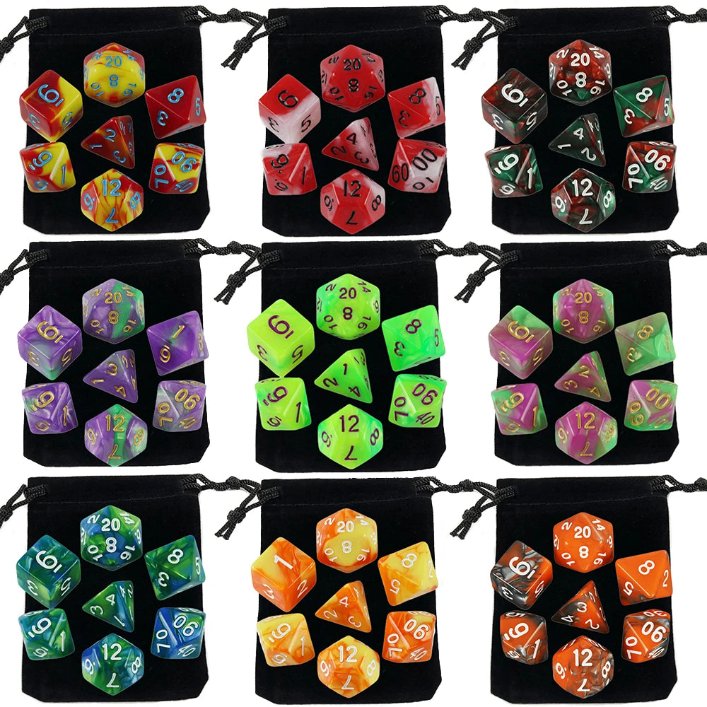 Dés polyédriques avec sac — jeu de société, jeu de rôle, d4, d6, d8, d10, d12, d20, 7 pièces