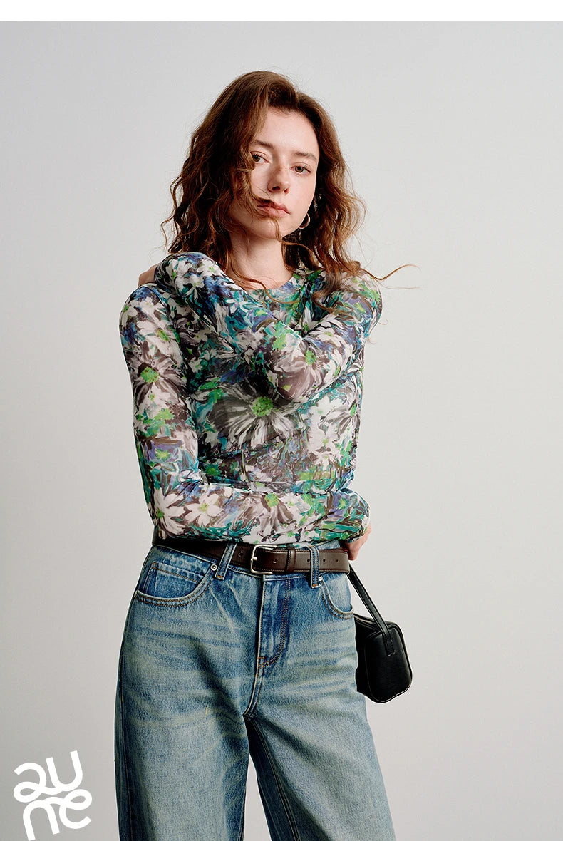 T-shirt femme en maille imprimé 2026 — printemps, taille découpée, Y2K, hauts courts