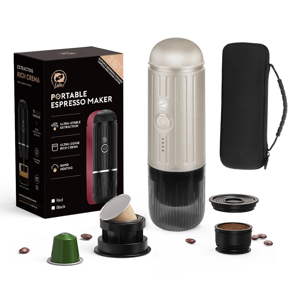 Machine à café expresso portable 19 bars — chauffage automatique, compatible capsules et café moulu
