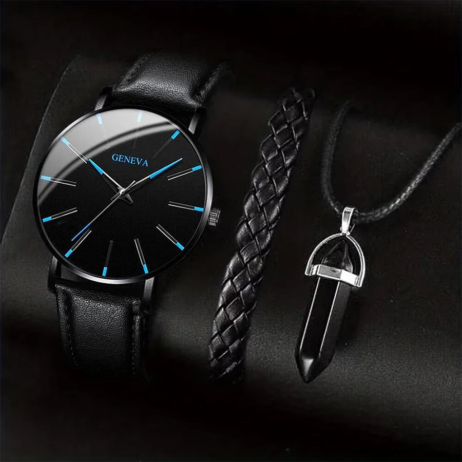 Juego de 3 unidades/set de relojes de negocios para hombre, pulsera de cuero informal, reloj de cuarzo analógico para hombre, collar y pulsera