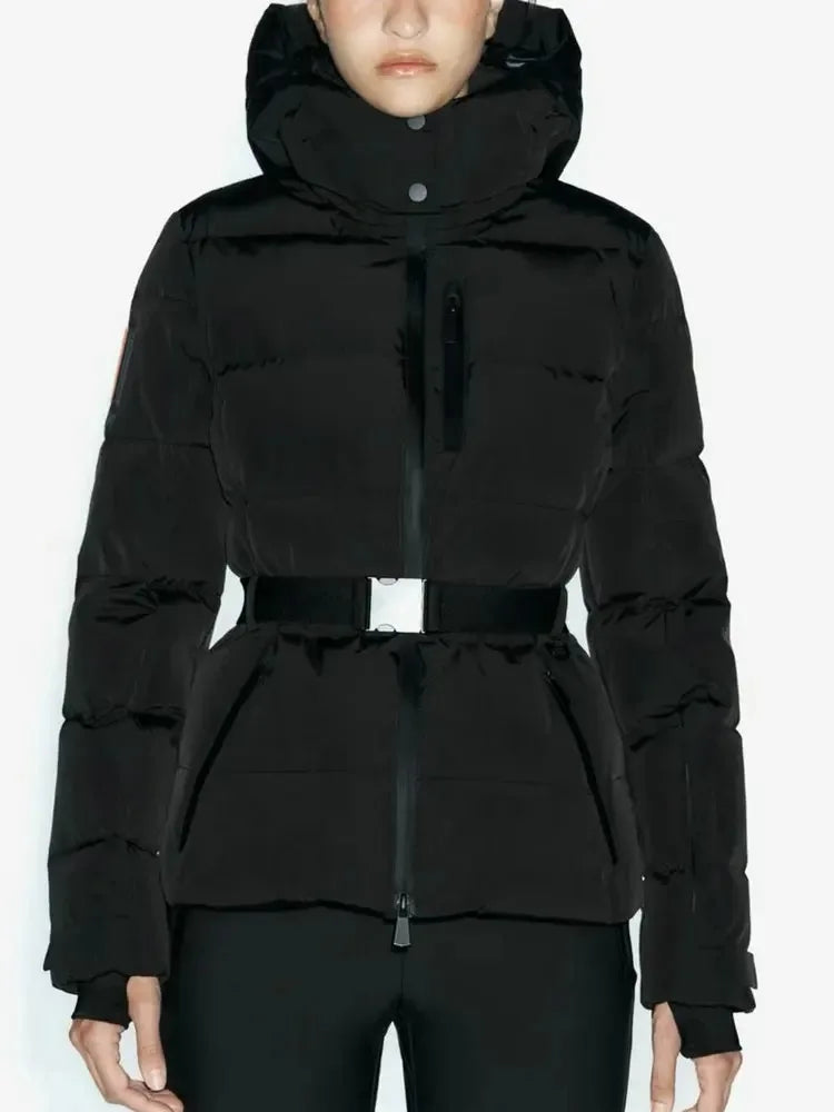 Abrigos y parkas deportivos acolchados con capucha para mujer, de cintura alta, con cinturón, elegantes, gruesos y cálidos, con bolsillos, chaquetas de esquí cortavientos, invierno
