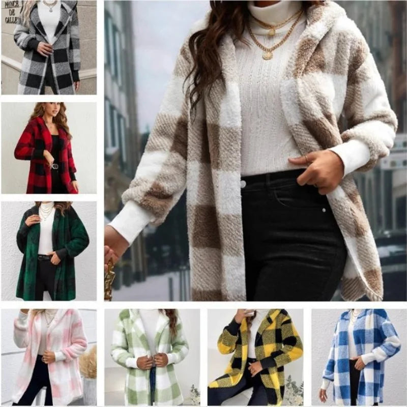 Cardigan Double polaire à carreaux pour femme, doux, ample, manches longues, peluche, chaud, veste à capuche, Patchwork, manteau d'extérieur, automne hiver