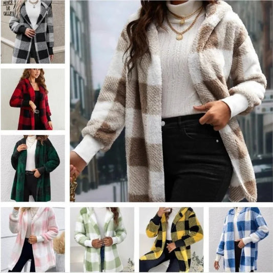 Cardigan Double polaire à carreaux pour femme, doux, ample, manches longues, peluche, chaud, veste à capuche, Patchwork, manteau d'extérieur, automne hiver
