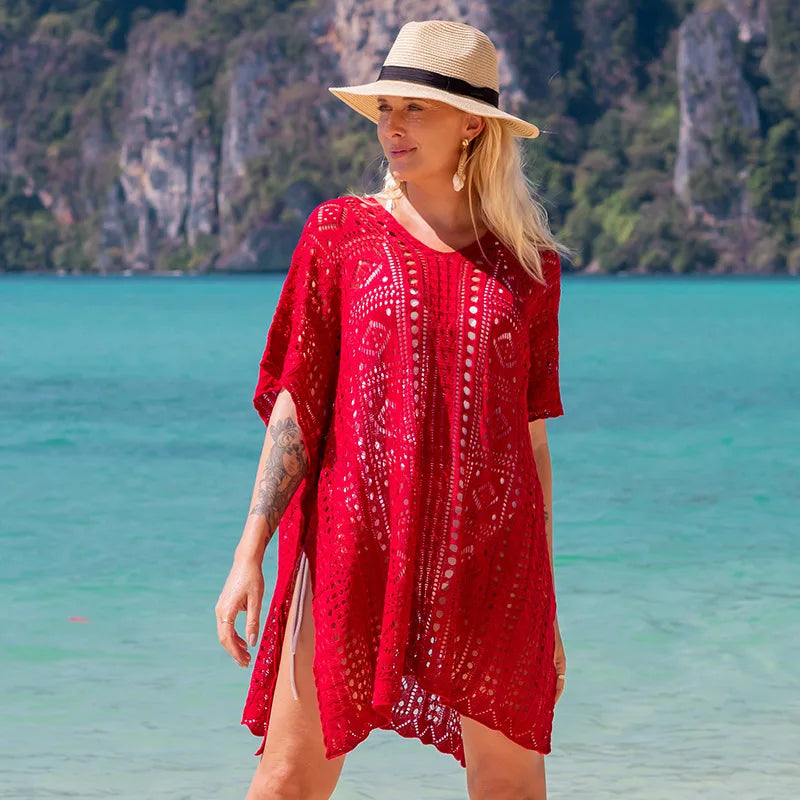 2025 Vestido de ganchillo blanco de punto para playa, túnica larga, pareos, cobertores de bikini, vestido de playa, ropa de playa