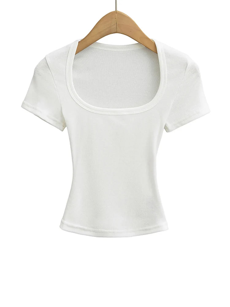 Haut court à col carré pour femmes, coupe cintrée, pull à manches courtes, très extensible, chemisier d'été Sexy, T-shirt pour le fond