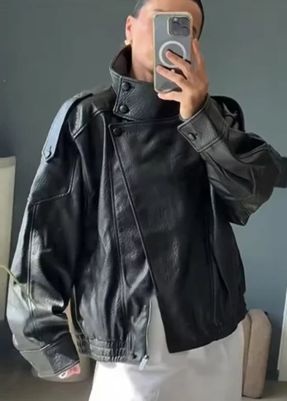 Veste femme automne 2025 nouveau noir à manches longues galets Faux cuir veste moto Style personnalité mode