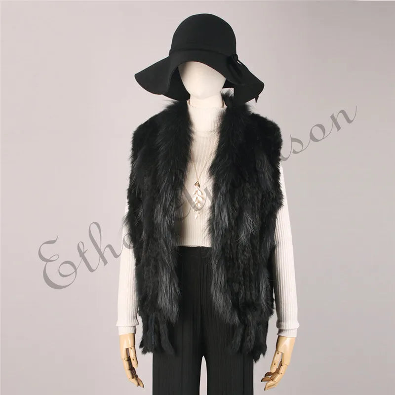 Gilet à glands en véritable fourrure de lapin tricoté — vintage, garniture fourrure raton laveur