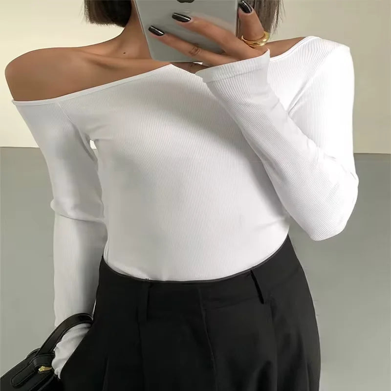 T-Shirt Épaules Dénudées Col Incliné Femme — Manches Longues Haut Court Sexy