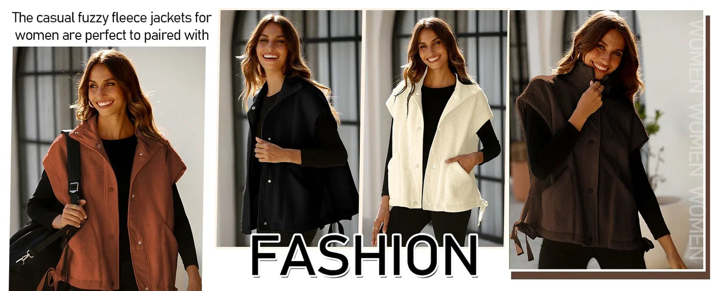 Gilet polaire pelucheux pour femme, surdimensionné, sans manches, Sherpa, chaud, boutonné, vêtements d'extérieur avec poches