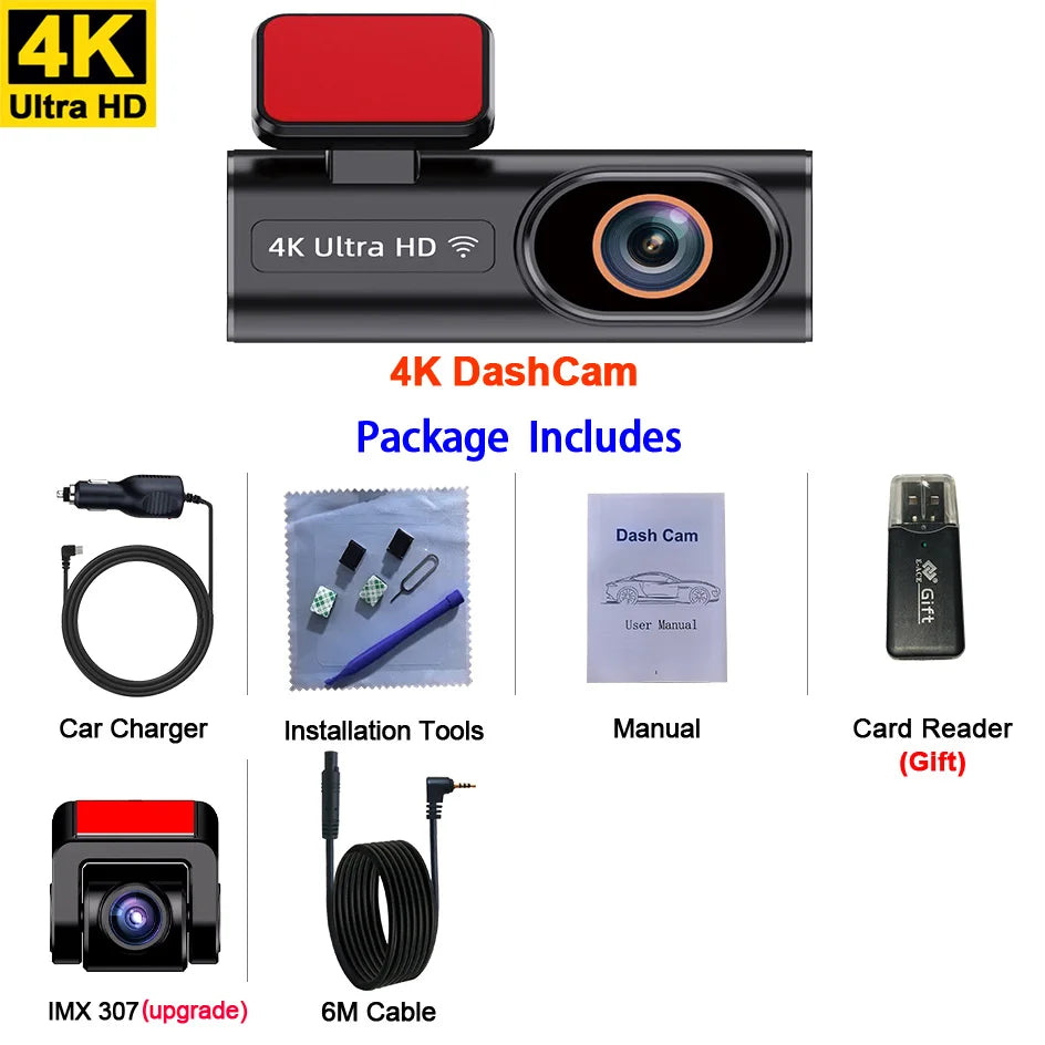 Dashcam Ultra HD 4K — enregistrement en boucle, surveillance stationnement 24H, vision nocturne, caméra arrière, WiFi