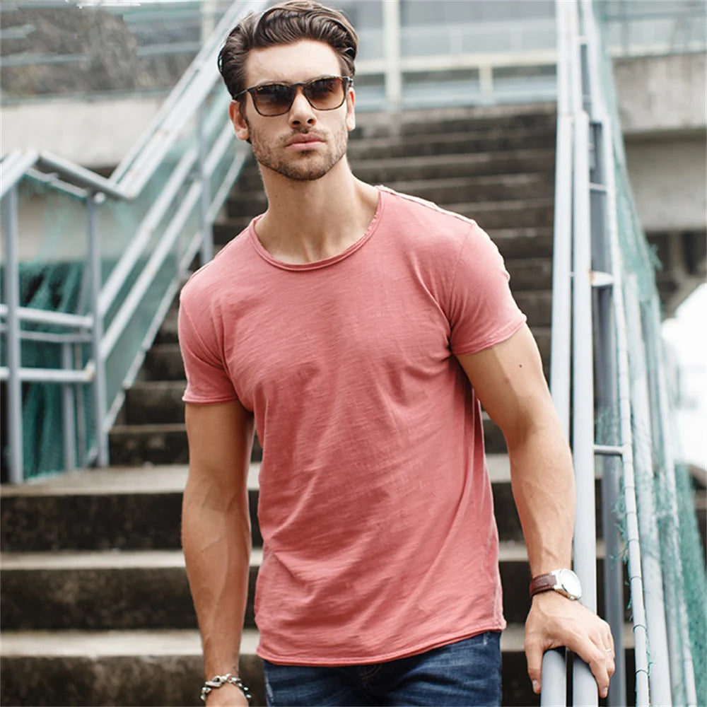 Camiseta de algodón 100% para hombre, casual, suave, para fitness, de verano, delgada, camisetas para hombre, ropa para el hogar, cuello redondo, manga corta, camiseta sólida para hombre