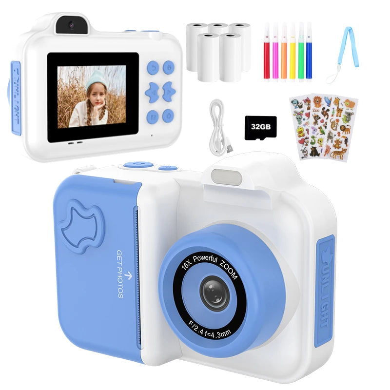 Kids Digital Camera, Instant Print, Dual Lens, 1080P HD Video Recording, 32G, for Boys and Girls, Christmas Gifts, Toys