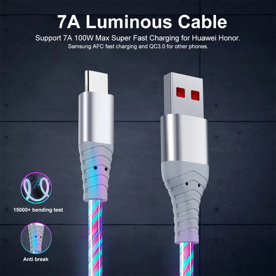Câble USB Lumineux 7A — Charge Rapide Micro USB & Type-C LED Streamer