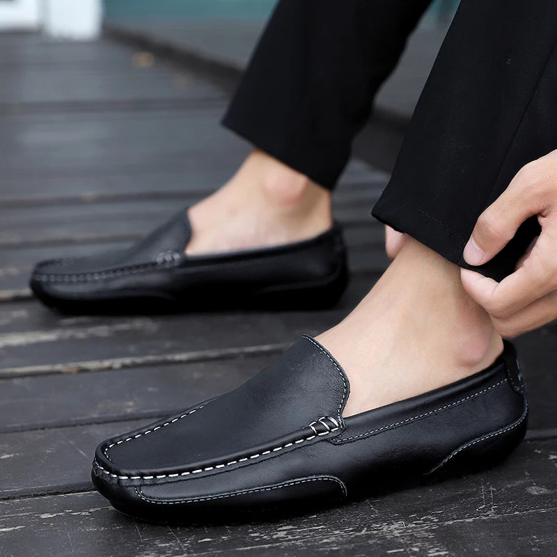 Mocasines transpirables de cuero genuino, mocasines casuales, zapatos de cuero para hombre sin cordones, zapatos planos italianos formales para conducir