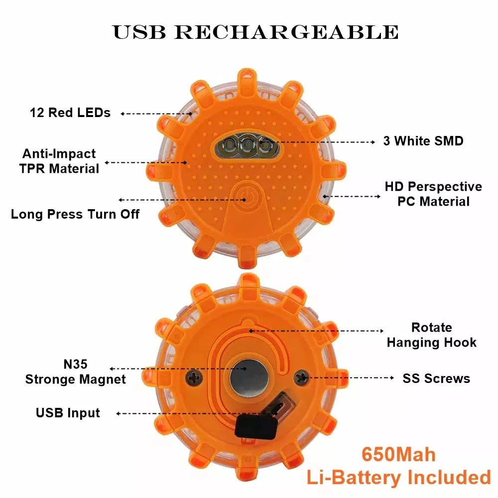 Paquet de 3 évasés de route LED clignotant voyant d'avertissement d'urgence USB Rechargeable aide Flash disque de sécurité en bord de route Base clignotante magnétique