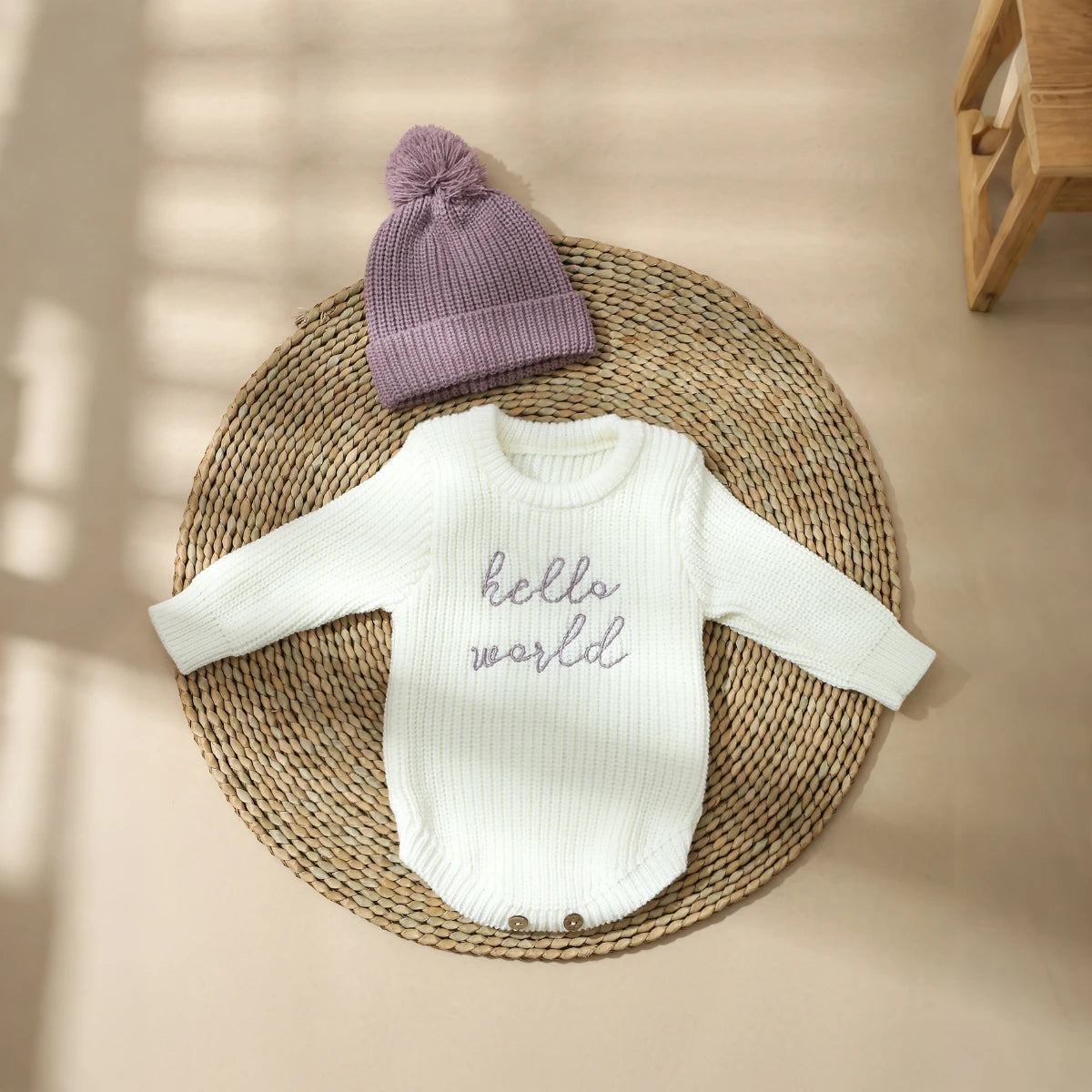 Ylsteed Hello World – pelele de punto para recién nacido, con gorro de pompón a juego, jersey para bebé niño y niña, conjuntos para sesión de fotos