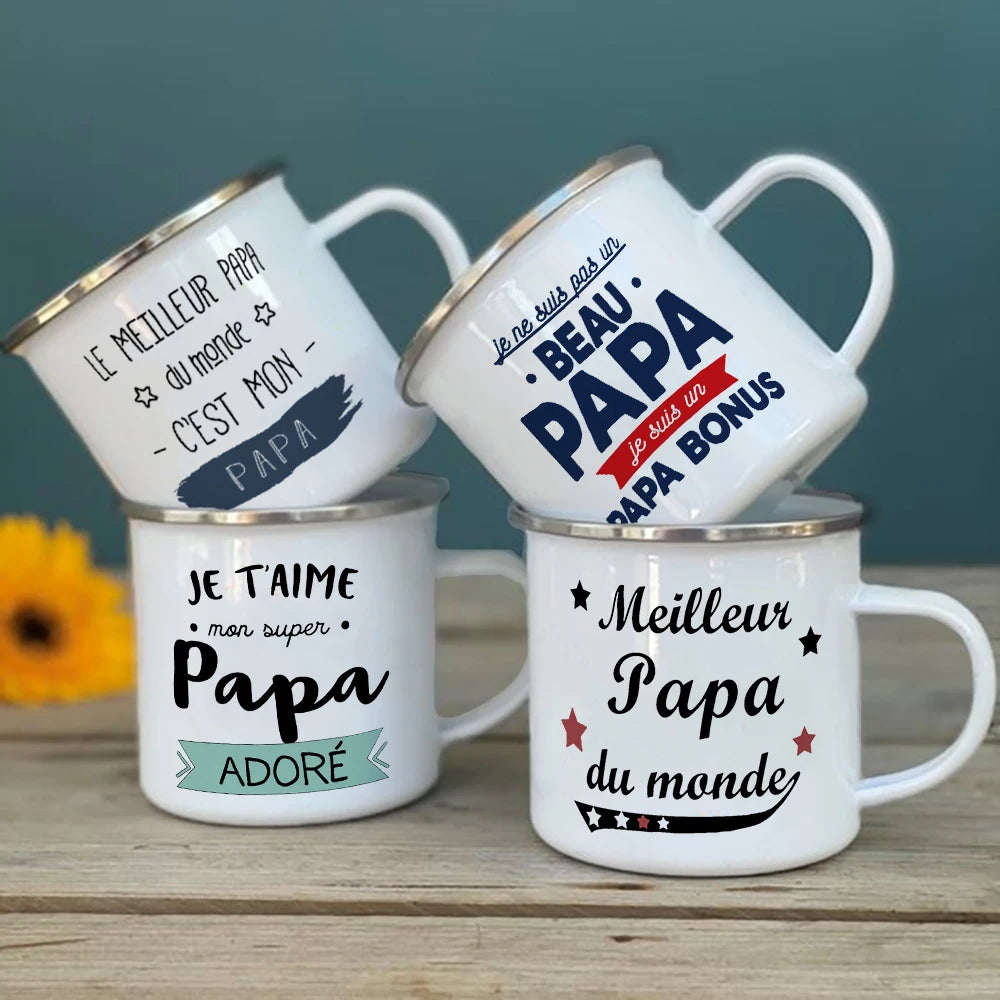 Meilleur papa et maman du monde tasse imprimée française boisson en plein air lait tasse à café Camping tasses en émail cadeau d'anniversaire festif pour papa maman
