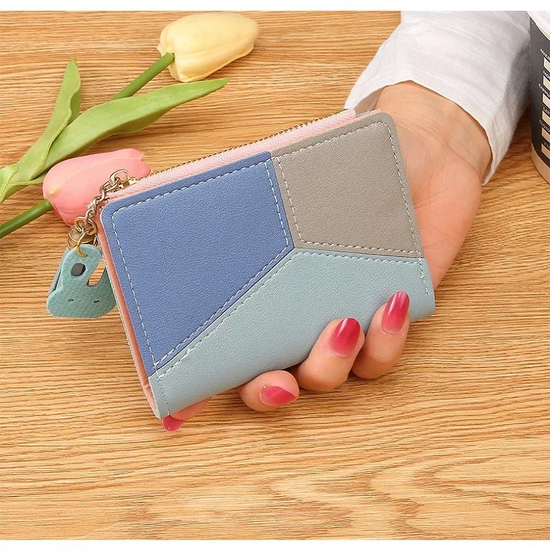 Monedero de mujer, cartera con cremallera, monedero corto para mujer, bolso de mano, cartera de cuero patchwork para mujer, tarjetero, cartera para teléfono