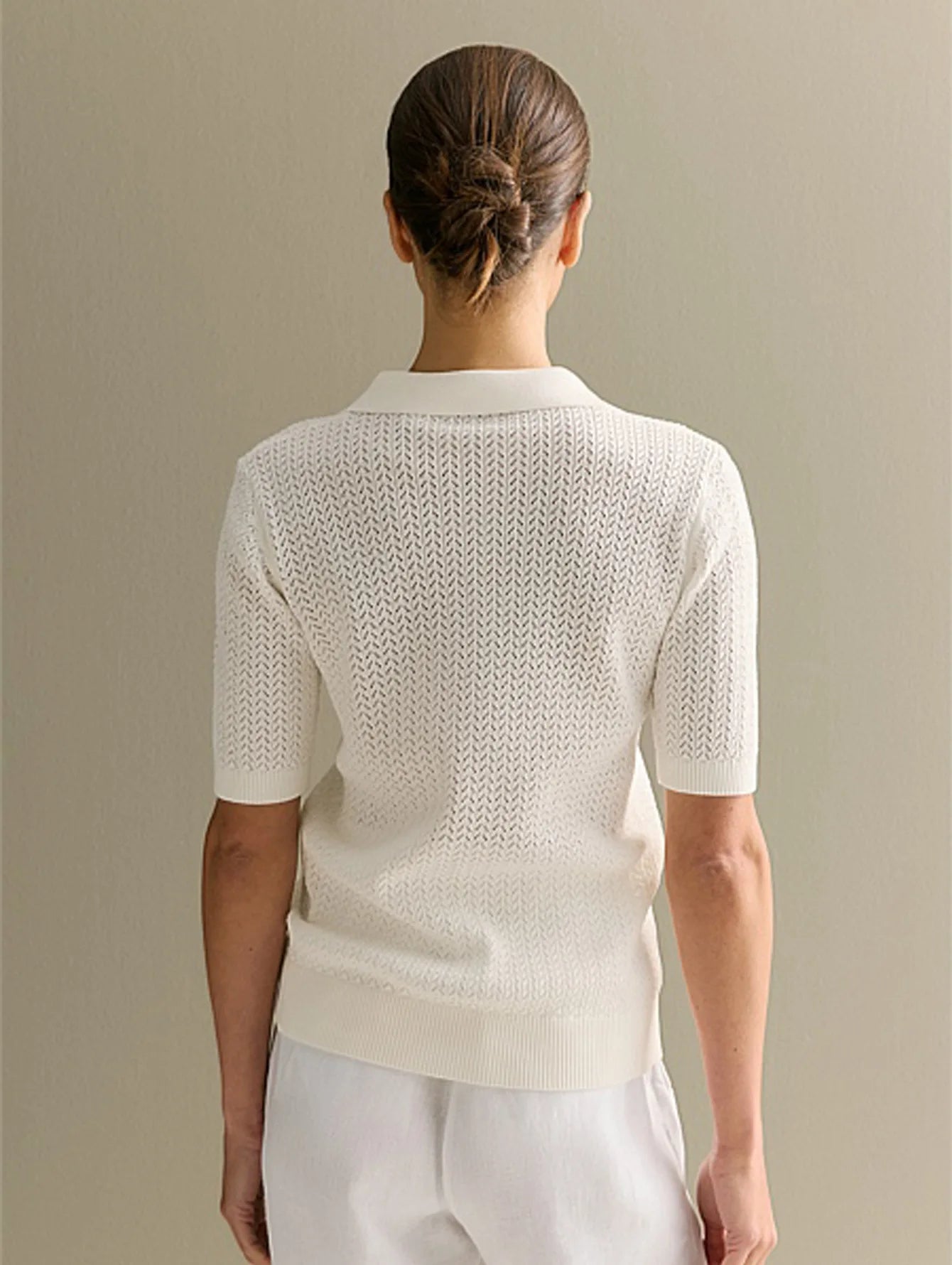 T-shirt femme en maille ajourée 2026 — manches courtes, décontracté, col à revers, tendance, uni