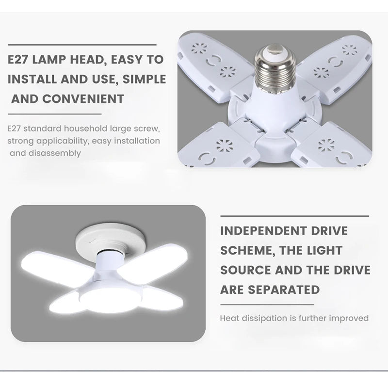 Ampoule LED pliable en forme d'éventail E27, déformation AC220V/110V pour plafonniers domestiques, entrepôt et Garage, feuille blanche 6500K