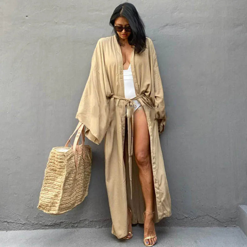Robe de Plage Longue avec Ceinture pour Femme, Kimono Sexy, Cardigan d'Été, 5 Couleurs Unies