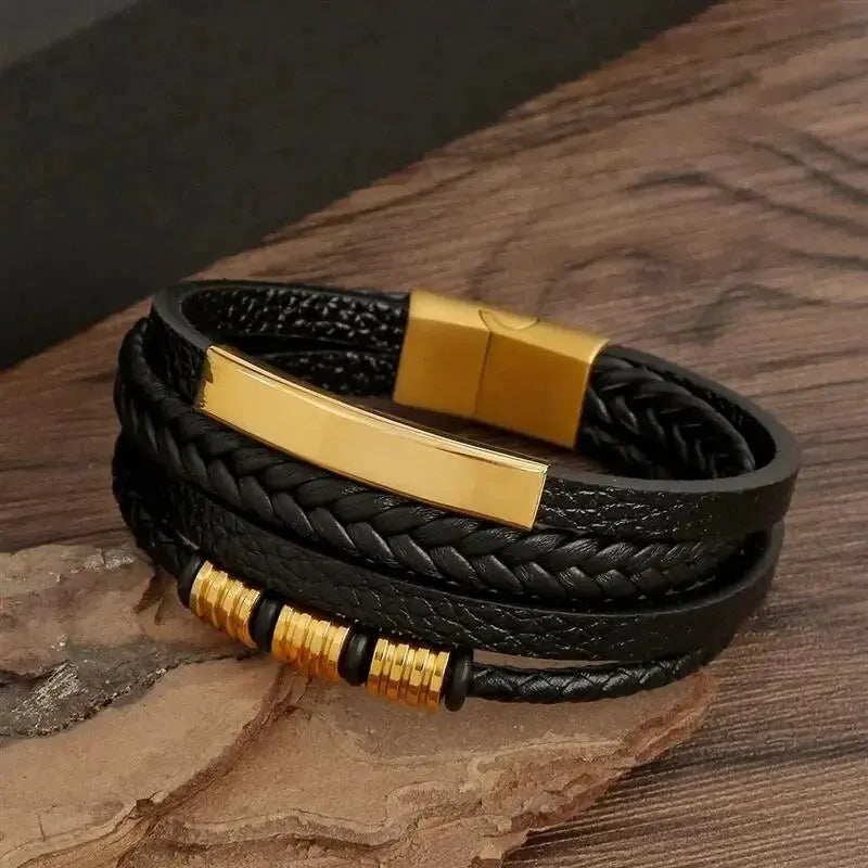 Bracelet multicouches en cuir PU pour hommes, fermeture Magnut, cuir ondulé, couleur or, Tube métallique, breloque, bijoux hip hop à la mode