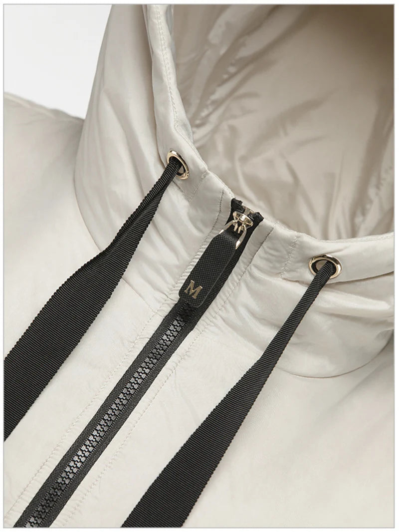 Chaleco de mujer Schinteon camel tipo capa de plumas con capucha holgado sin mangas, chaleco sólido de moda, chaqueta de otoño invierno 2025 nuevo